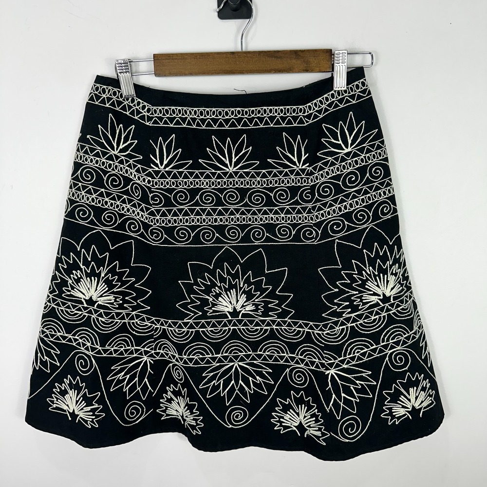 Talbots Skirt 6P Black Embroidered A-Line Cotton Lined Preppy Career Office‎